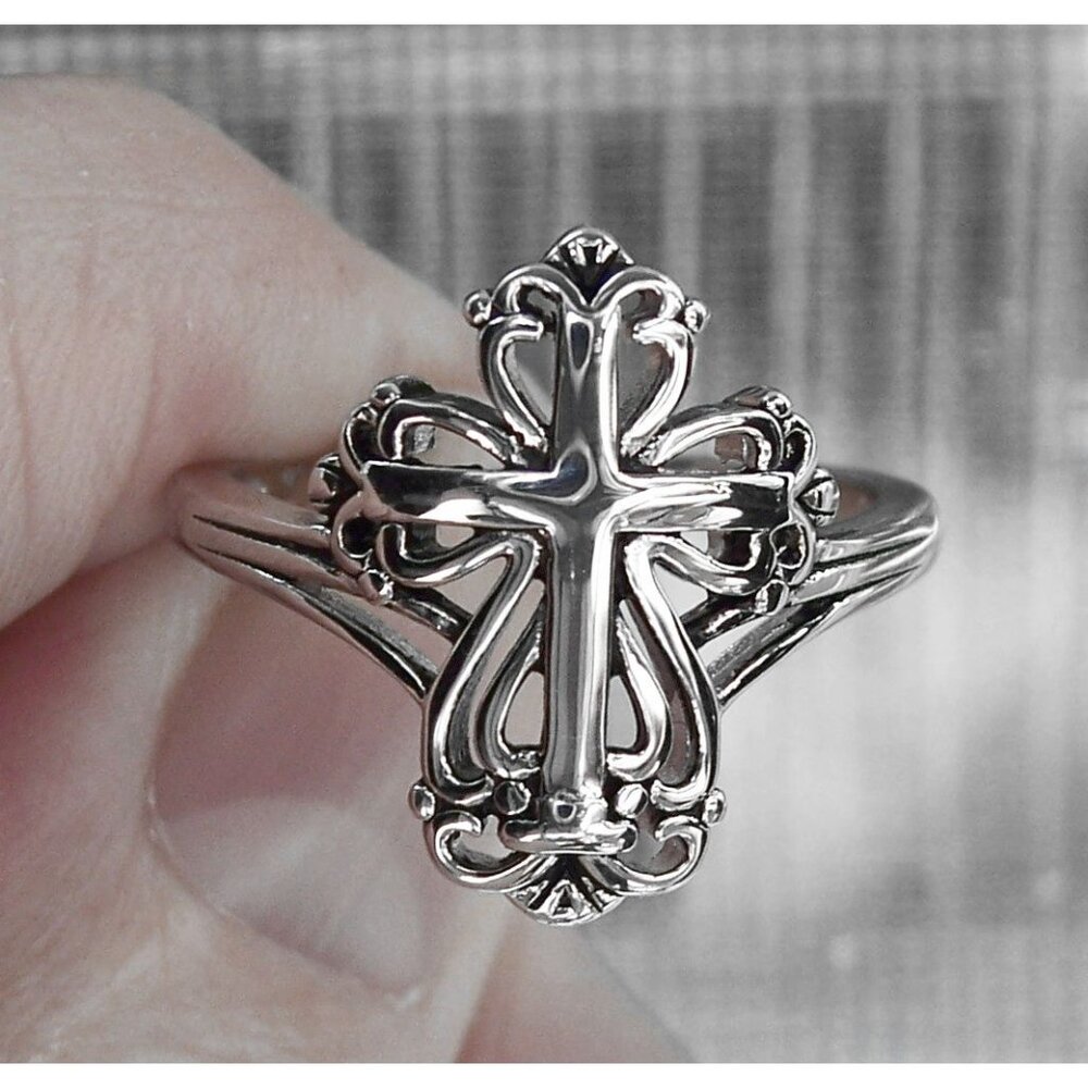 925 STERLING SILVER Antique Style Dainty Cross Ring - Picture 8 of 16